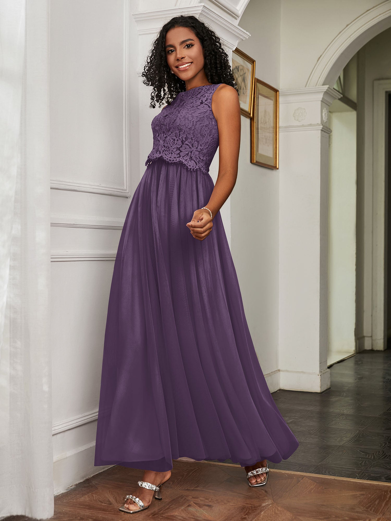 A-Line Jewel Neckline Tulle Dress Plum
